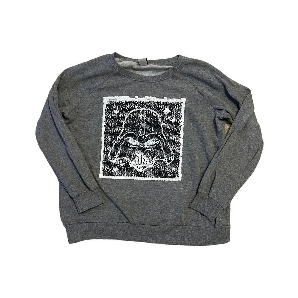 Star Wars Women's Large Gray Crew Neck Sweatshirt Reversible Sequin Darth‎ Vader